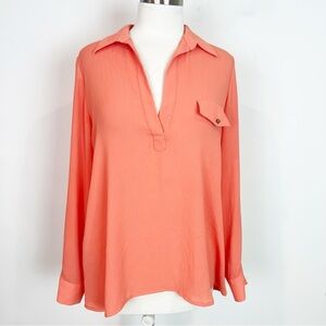 BELLATRIX ORANGE LONG ROLL TAB SLEEVE HENLEY NECKLINE BLOUSE WOMENS SZ SMALL
